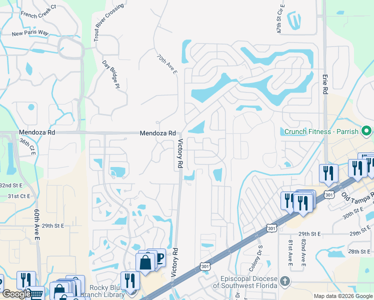 map of restaurants, bars, coffee shops, grocery stores, and more near 518 Montego Lane North in Ellenton