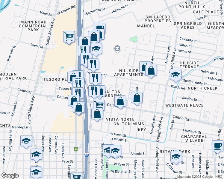 map of restaurants, bars, coffee shops, grocery stores, and more near 5120 San Francisco Avenue in Laredo