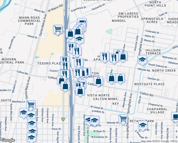 map of restaurants, bars, coffee shops, grocery stores, and more near 5120 San Francisco Avenue in Laredo