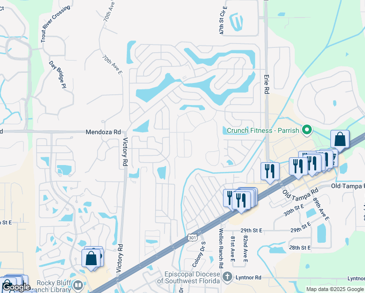 map of restaurants, bars, coffee shops, grocery stores, and more near 417 Sunset Circle North in Ellenton
