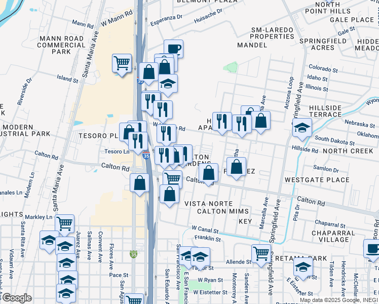 map of restaurants, bars, coffee shops, grocery stores, and more near 5120 San Francisco Avenue in Laredo