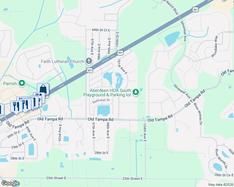 map of restaurants, bars, coffee shops, grocery stores, and more near 3527 101st Avenue East in Parrish