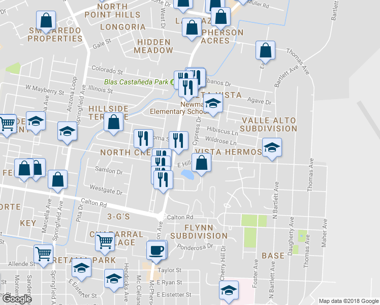 map of restaurants, bars, coffee shops, grocery stores, and more near 5316 Cypress Drive in Laredo