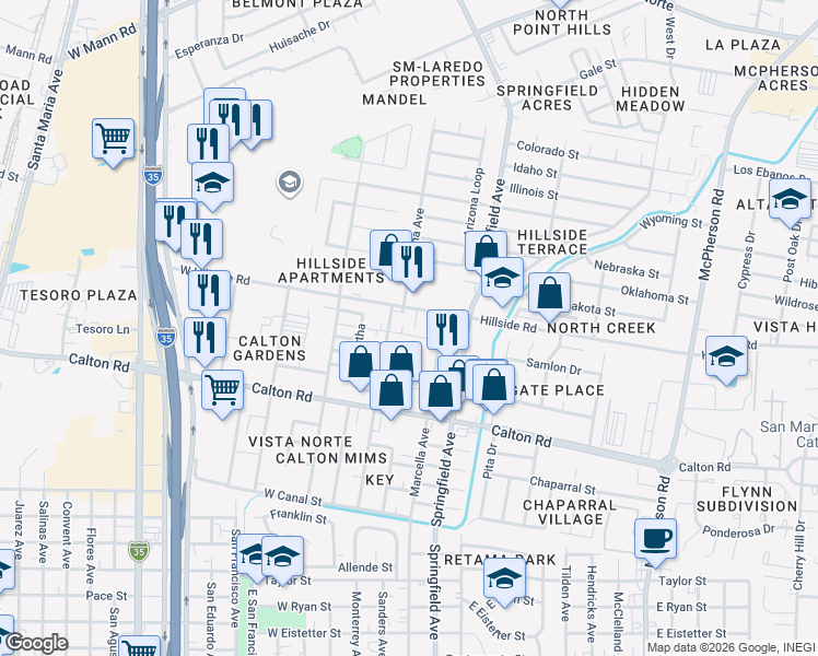 map of restaurants, bars, coffee shops, grocery stores, and more near 100 Hillside Road in Laredo