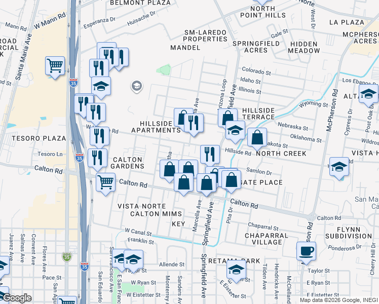 map of restaurants, bars, coffee shops, grocery stores, and more near 100 Hillside Road in Laredo