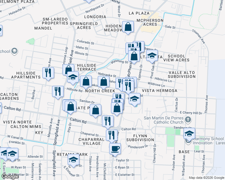 map of restaurants, bars, coffee shops, grocery stores, and more near 317 South Dakota Street in Laredo
