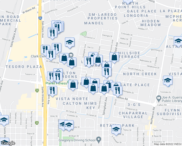 map of restaurants, bars, coffee shops, grocery stores, and more near 114 West Aurora Drive in Laredo