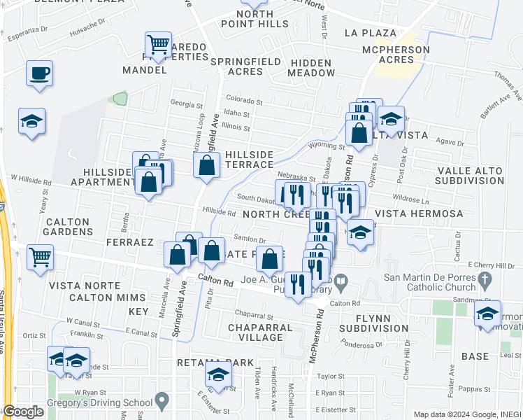 map of restaurants, bars, coffee shops, grocery stores, and more near 821 Northcreek Drive in Laredo