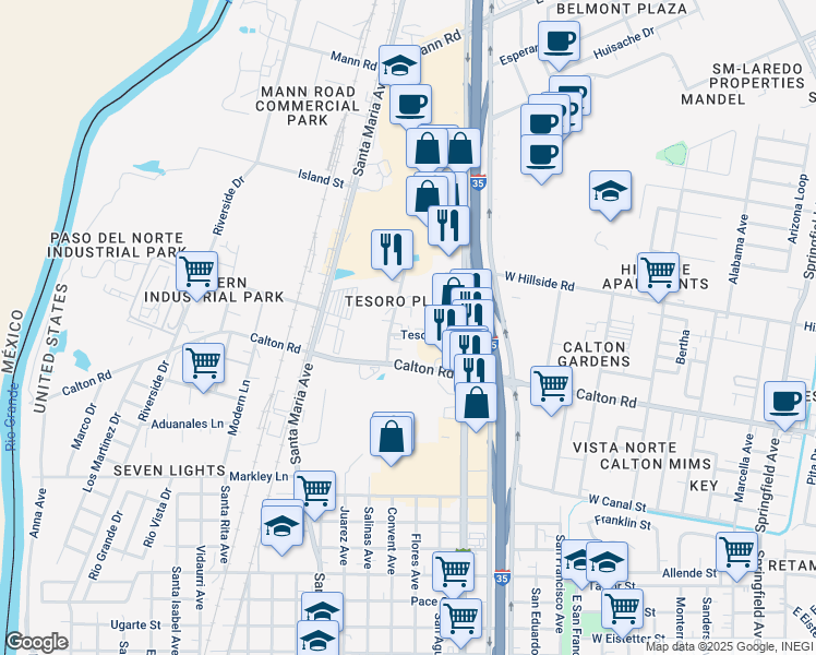 map of restaurants, bars, coffee shops, grocery stores, and more near 1000 Tesoro Lane in Laredo