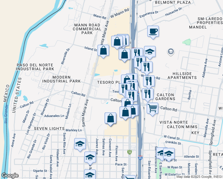 map of restaurants, bars, coffee shops, grocery stores, and more near 1000 Tesoro Lane in Laredo