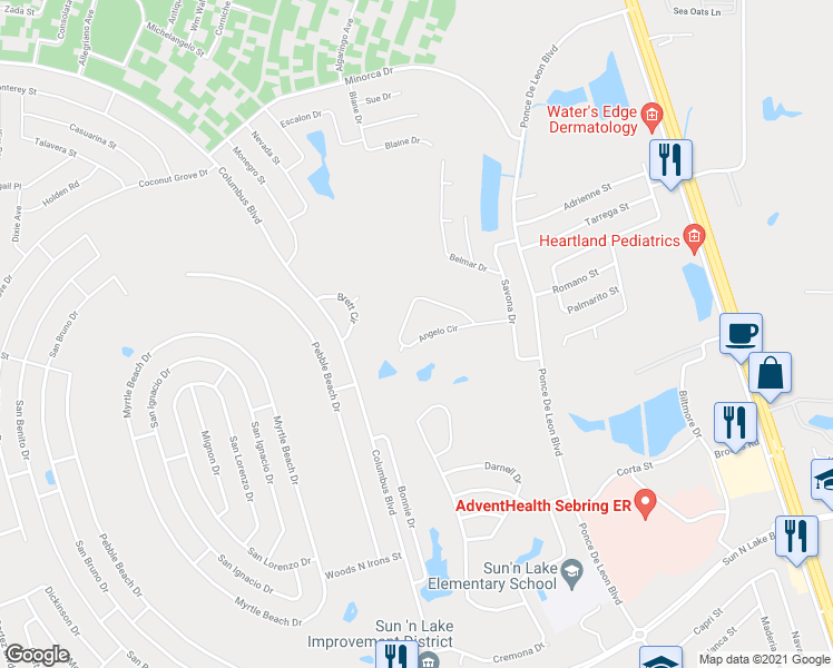 map of restaurants, bars, coffee shops, grocery stores, and more near 5623 Angelo Circle in Sebring