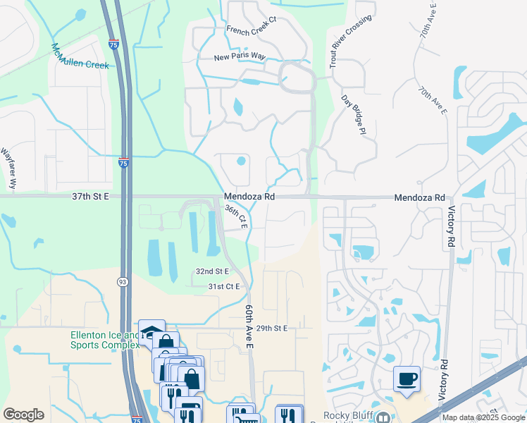 map of restaurants, bars, coffee shops, grocery stores, and more near 3605 61st Terrace East in Ellenton