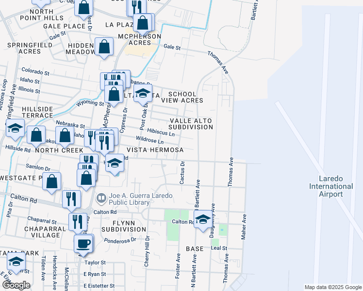 map of restaurants, bars, coffee shops, grocery stores, and more near 1402 Wildrose Circle in Laredo