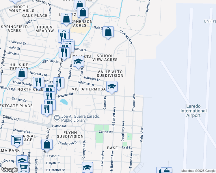 map of restaurants, bars, coffee shops, grocery stores, and more near 1402 Wildrose Circle in Laredo