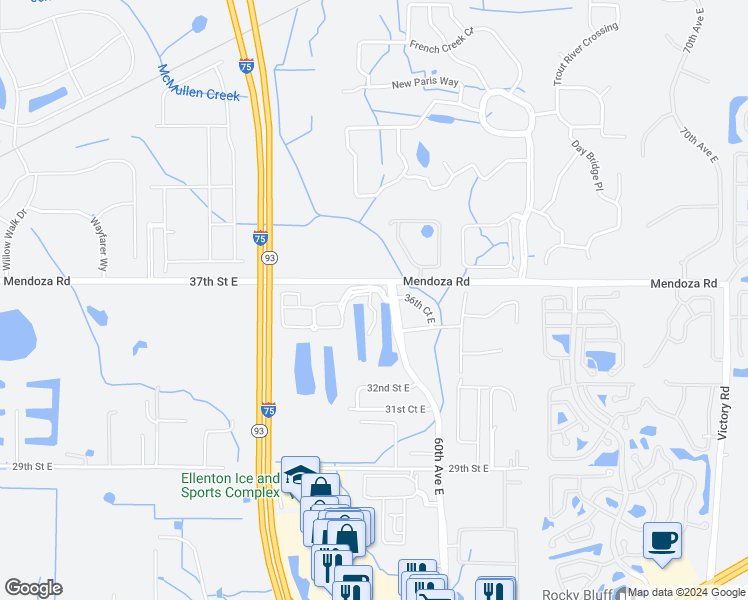 map of restaurants, bars, coffee shops, grocery stores, and more near 3550 36th PI East in Ellenton