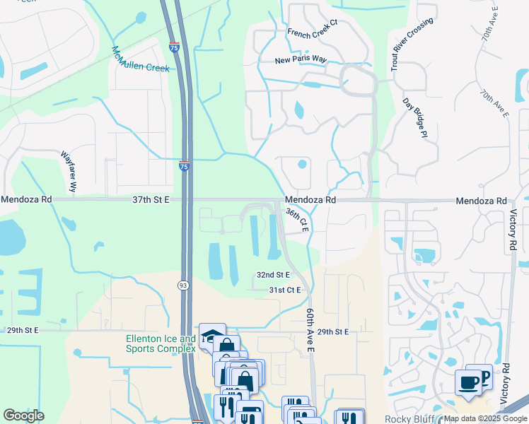map of restaurants, bars, coffee shops, grocery stores, and more near 3550 36th PI East in Ellenton