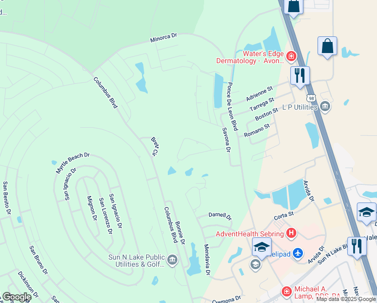 map of restaurants, bars, coffee shops, grocery stores, and more near 5623 Angelo Circle in Sebring