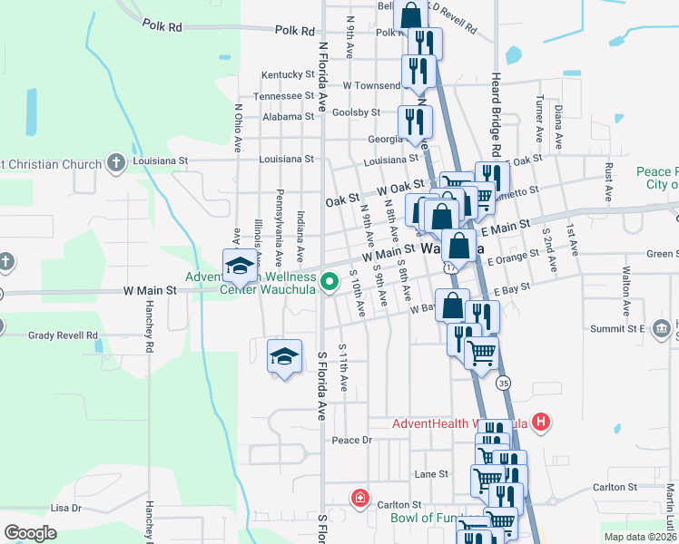 map of restaurants, bars, coffee shops, grocery stores, and more near 529 West Main Street in Wauchula