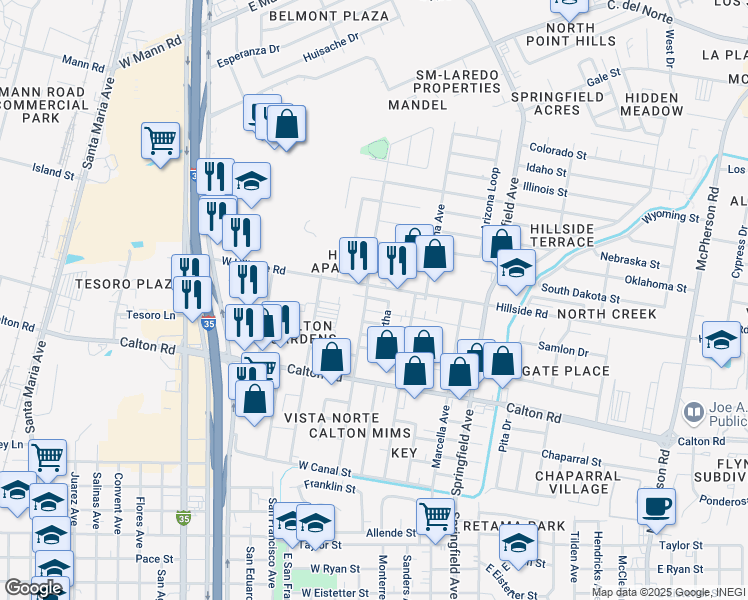 map of restaurants, bars, coffee shops, grocery stores, and more near 9C Rata in Laredo