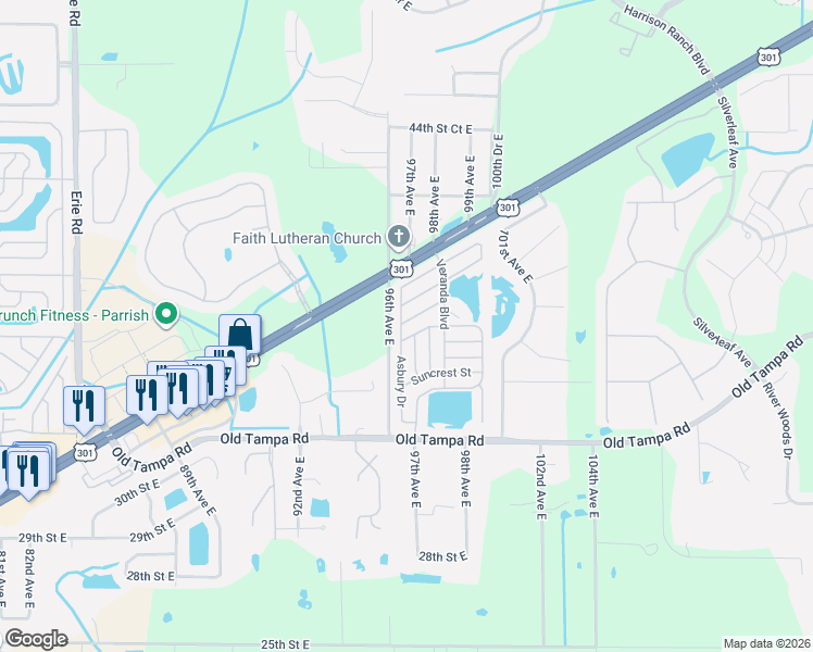 map of restaurants, bars, coffee shops, grocery stores, and more near 9801-9805 Cape Haze Circle in Parrish