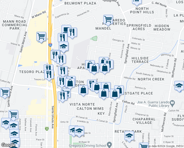 map of restaurants, bars, coffee shops, grocery stores, and more near 5193 Gallagher Avenue in Laredo