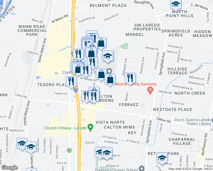 map of restaurants, bars, coffee shops, grocery stores, and more near 5210 San Francisco Avenue in Laredo