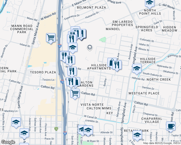 map of restaurants, bars, coffee shops, grocery stores, and more near 417 West Hillside Road in Laredo