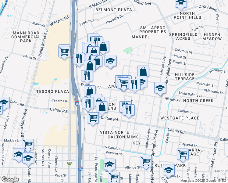 map of restaurants, bars, coffee shops, grocery stores, and more near 417 West Hillside Road in Laredo