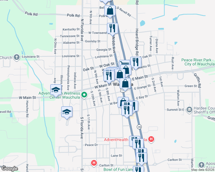 map of restaurants, bars, coffee shops, grocery stores, and more near 302 W Main St in Wauchula
