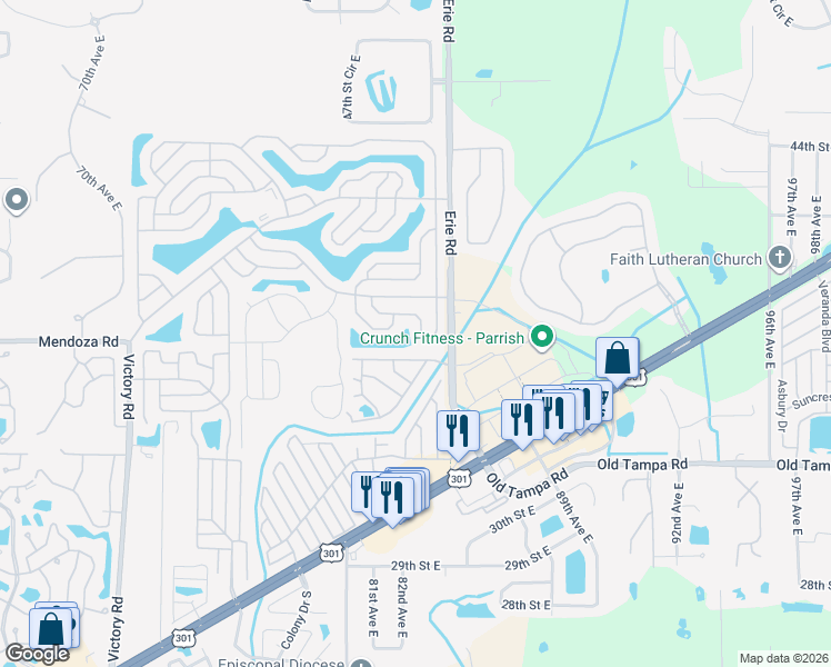 map of restaurants, bars, coffee shops, grocery stores, and more near 8207 Buena Vista Way South in Ellenton