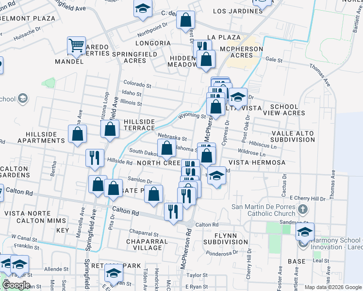 map of restaurants, bars, coffee shops, grocery stores, and more near 316 Oklahoma Street in Laredo