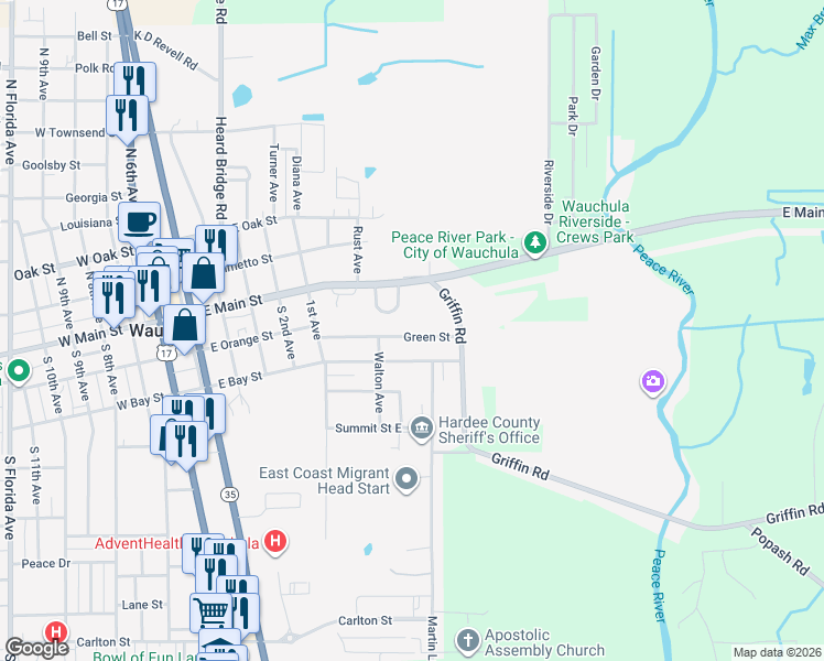map of restaurants, bars, coffee shops, grocery stores, and more near 711 Green Street in Wauchula