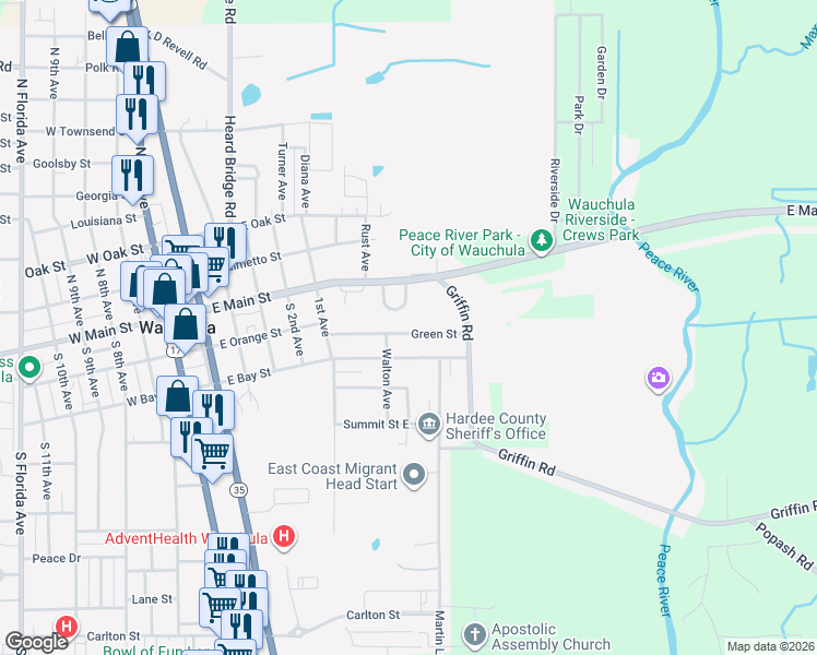 map of restaurants, bars, coffee shops, grocery stores, and more near 711 Green Street in Wauchula