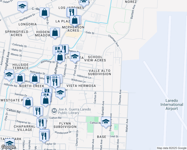 map of restaurants, bars, coffee shops, grocery stores, and more near 5618 Cactus Drive in Laredo