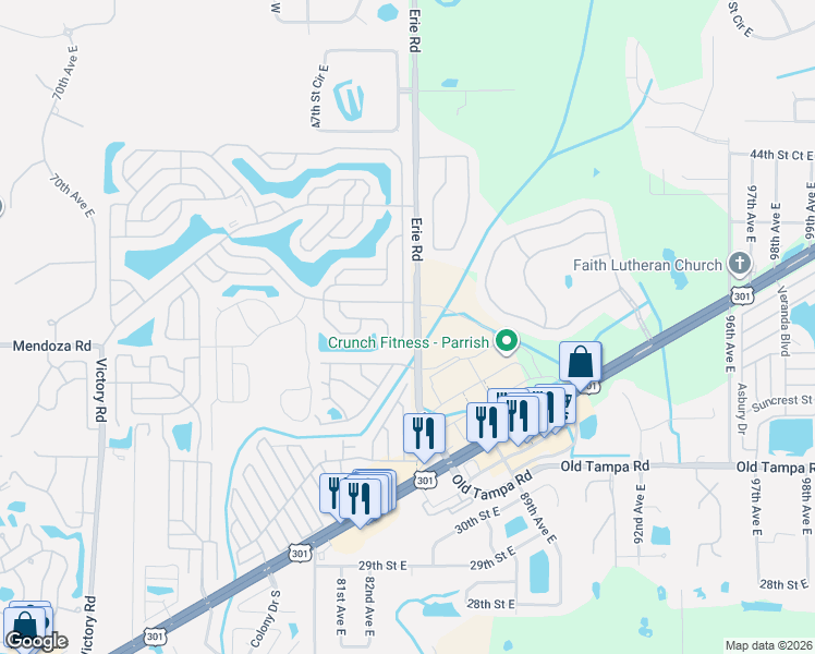 map of restaurants, bars, coffee shops, grocery stores, and more near 3804 Buena Vista Drive South in Ellenton