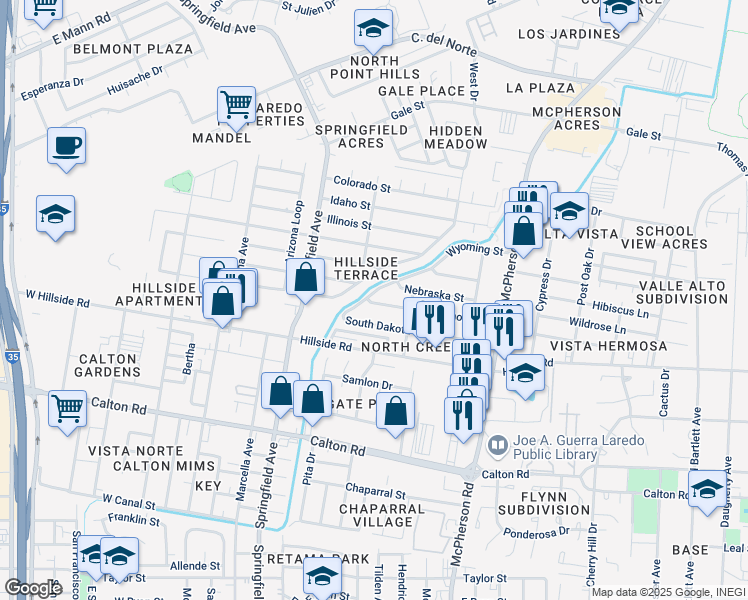 map of restaurants, bars, coffee shops, grocery stores, and more near 200-202 Oklahoma Street in Laredo