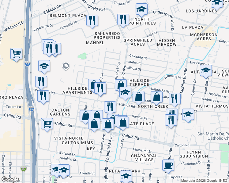 map of restaurants, bars, coffee shops, grocery stores, and more near 115 Arizona Loop in Laredo