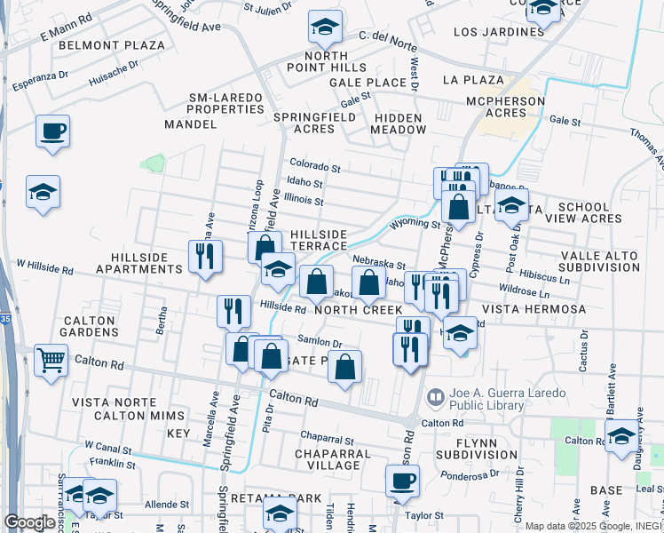 map of restaurants, bars, coffee shops, grocery stores, and more near 202 Oklahoma Street in Laredo