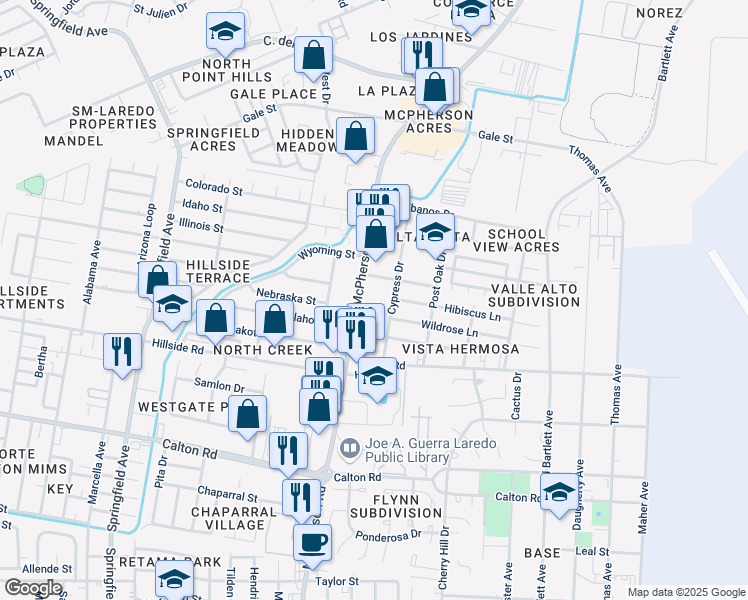 map of restaurants, bars, coffee shops, grocery stores, and more near 5417 McPherson Road in Laredo