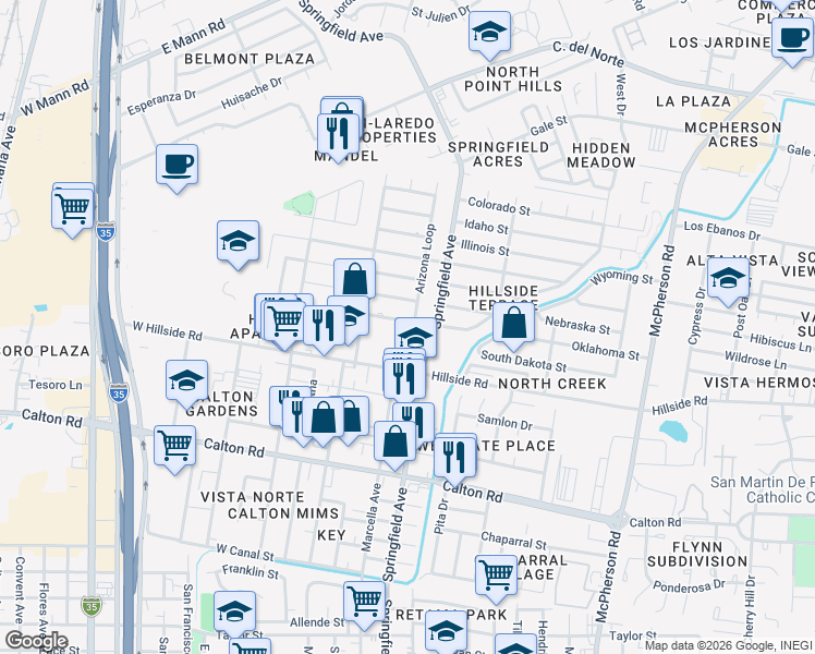 map of restaurants, bars, coffee shops, grocery stores, and more near 115 Arizona Loop in Laredo