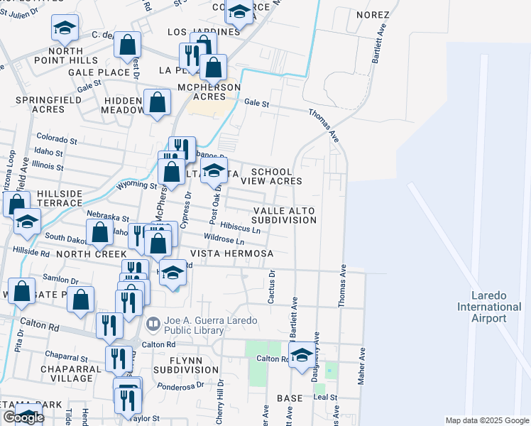 map of restaurants, bars, coffee shops, grocery stores, and more near 5701 Poinsetta Drive in Laredo