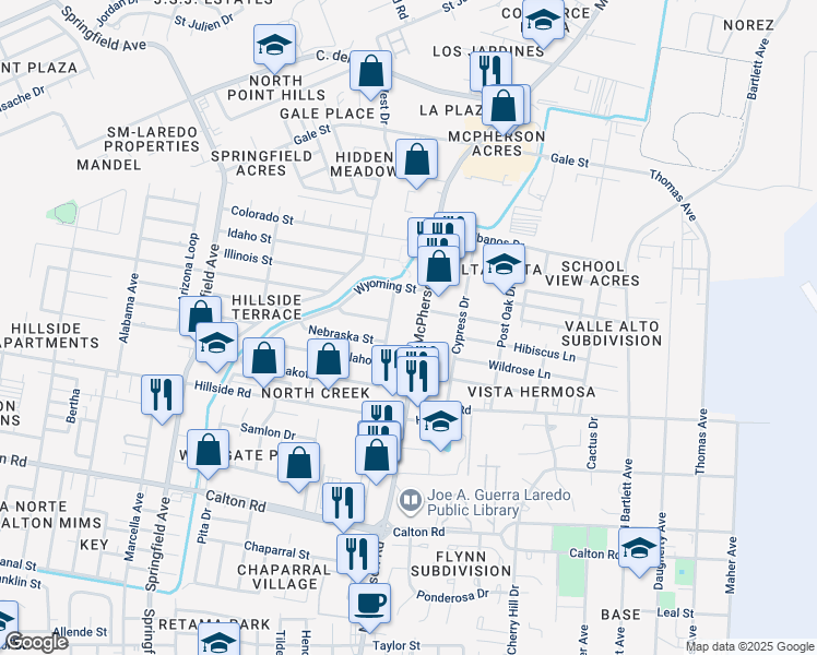 map of restaurants, bars, coffee shops, grocery stores, and more near 5500 McPherson Road in Laredo