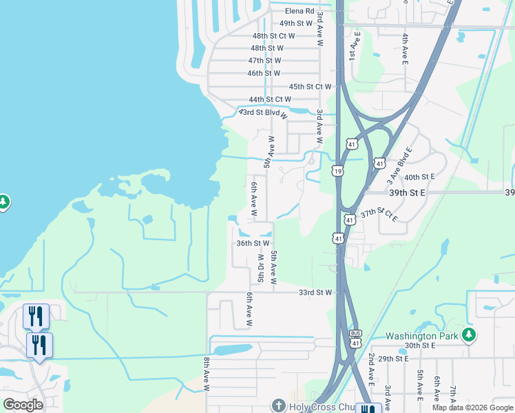 map of restaurants, bars, coffee shops, grocery stores, and more near 3808 6th Avenue West in Palmetto