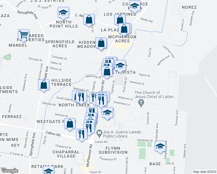 map of restaurants, bars, coffee shops, grocery stores, and more near 5417 Mcpherson Road in Laredo