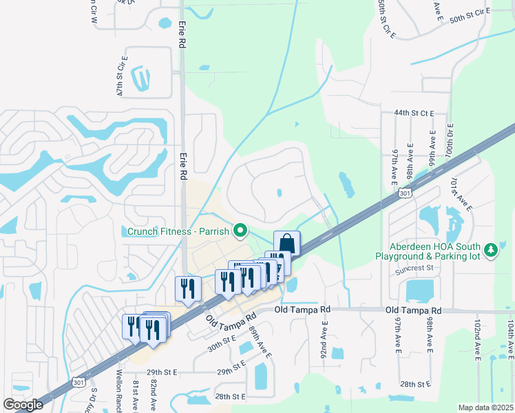 map of restaurants, bars, coffee shops, grocery stores, and more near 3925 90th Avenue East in Parrish