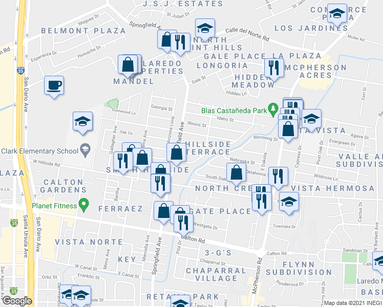 map of restaurants, bars, coffee shops, grocery stores, and more near 110 Kansas Street in Laredo