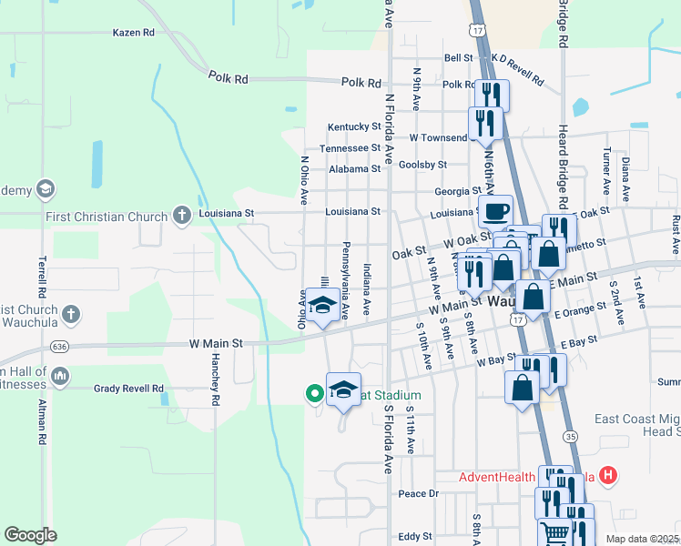 map of restaurants, bars, coffee shops, grocery stores, and more near 220 Illinois Avenue in Wauchula