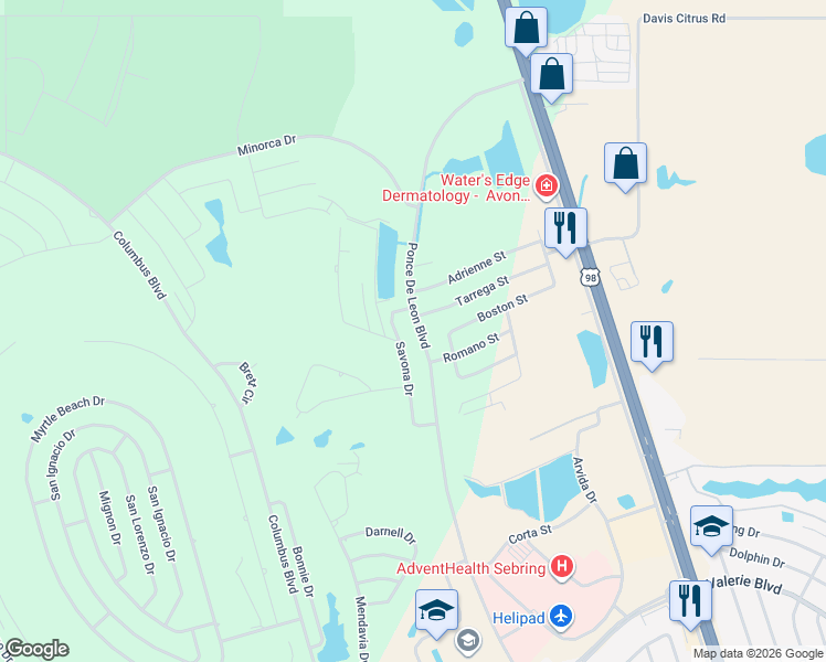 map of restaurants, bars, coffee shops, grocery stores, and more near 4755 Tarrega Street in Sebring