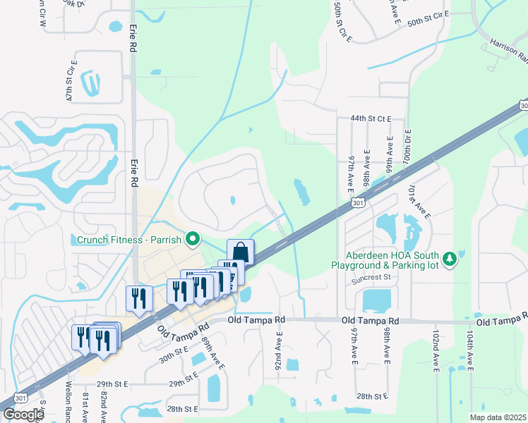 map of restaurants, bars, coffee shops, grocery stores, and more near 16019 39th Street Circle East in Parrish