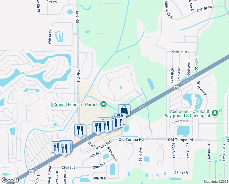 map of restaurants, bars, coffee shops, grocery stores, and more near 3922 90th Avenue East in Parrish